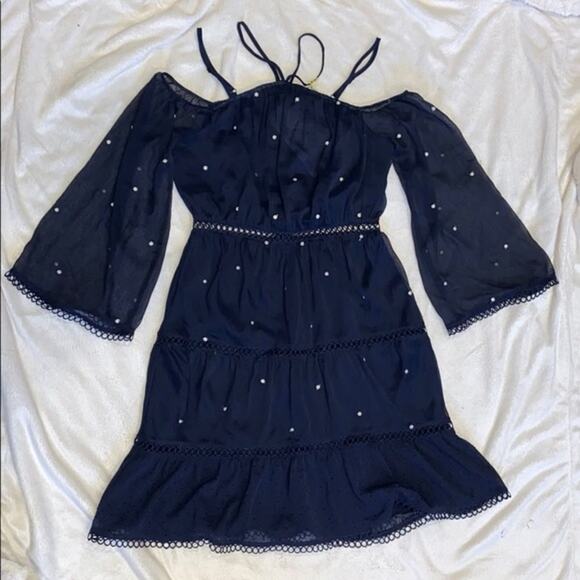 Aqua Navy Blue Embroidered Cold Shoulder Mini Dress | Sz S - Picture 2 of 14